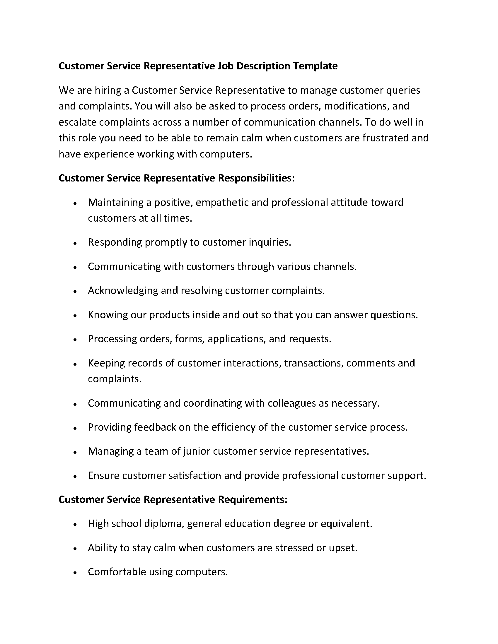 Customer Service Representative Job Description Template